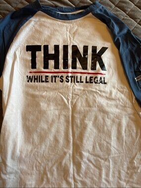 Think While It's Still Legal Raglan Tee - White & Navy. Large